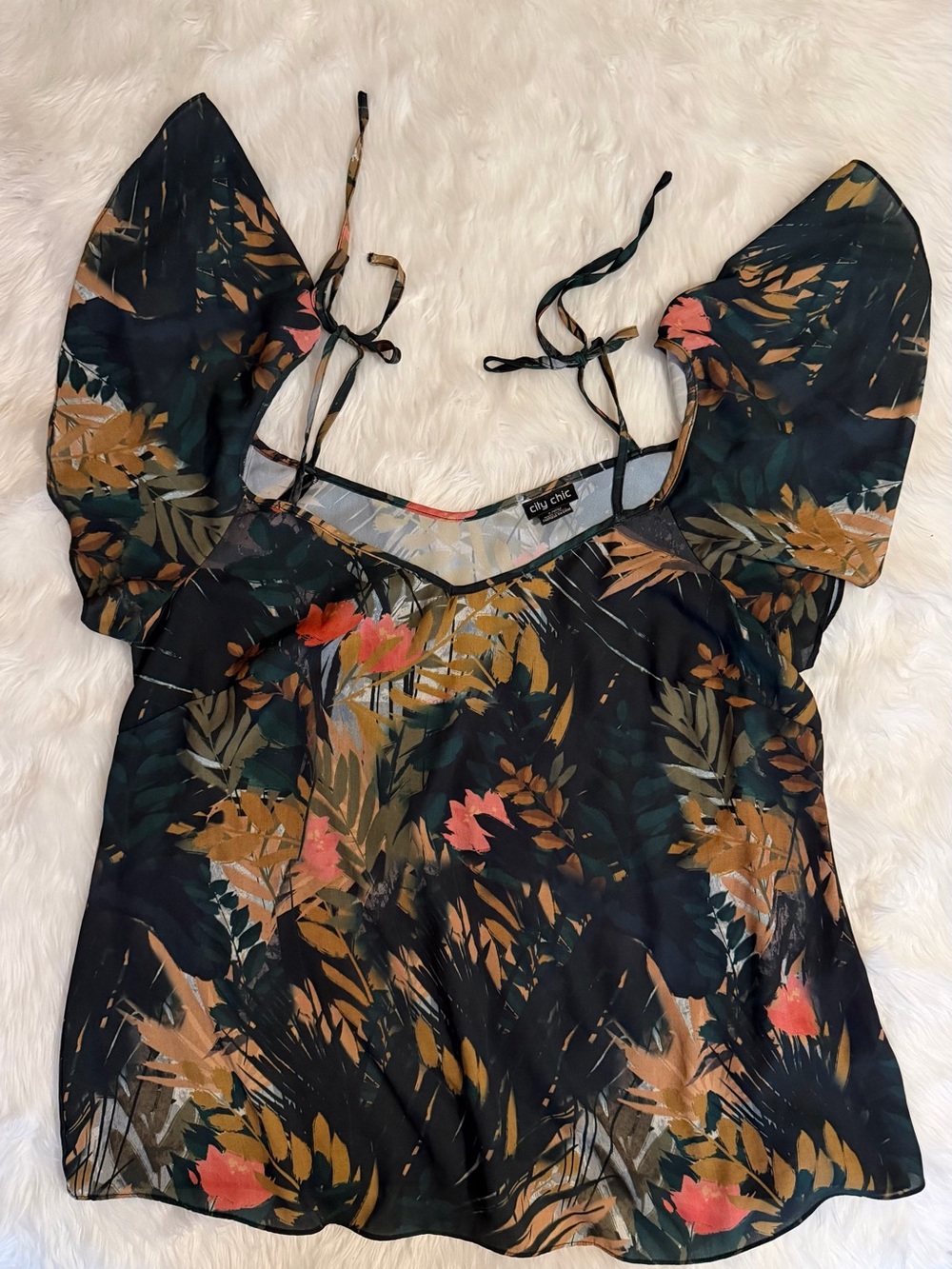 City Chic Black Floral Puff-Sleeve Tie Top small 16w